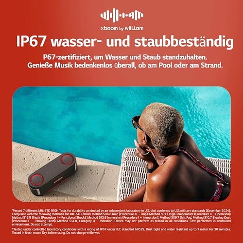 xboom Bounce by will.i.am, tragbarer Bluetooth-Lautsprecher (Signature Sound, nach Oben gerichtete Passivstrahler, IP67, bis zu 30 Std. Akkulaufzeit), Schwarz [Modelljahr: 2025]