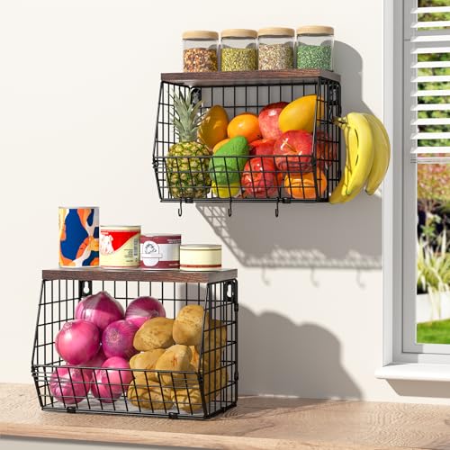 Wawocs 2 Obstkorb Stöckig Etagere Hängend, Obstschale Groß Obstkorb Wand für Küche, Hängende Obstkörbe mit Holzdeckel mit 4 Bananen Aufhänger Haken, W