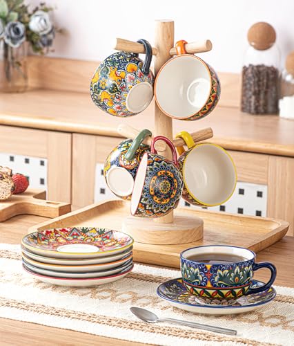 Porcelain Coffee Set, Set of 6 x 250 ml, Hand Painted, Set for 6 People, Includes Coffee Cups and Saucers