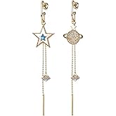 Dreuyet Planet Earrings for Women Personalized Cubic Zirconia Five pointed Star Earth Asymmetric Dangle Earrings Charm Long Tassel Drop Earrings Jewelry Gifts