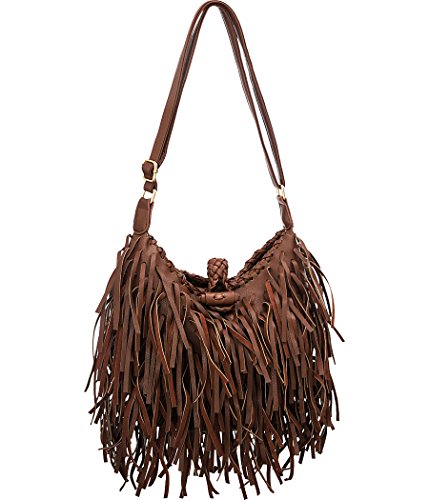 Hippie Fringe Brown Shoulder-to-Crossbody Adjustable Hobo Bag