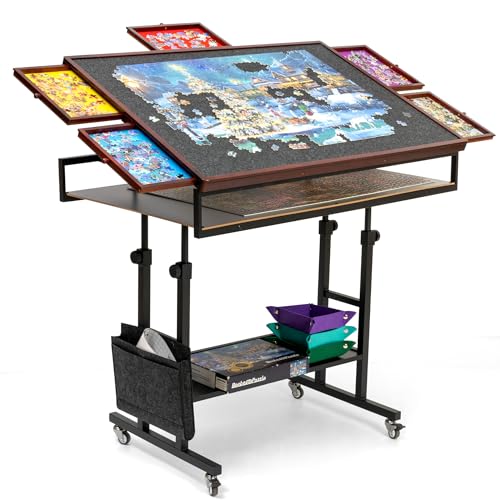 Becko US 1500-piece Tilting Puzzle Table with 5 Drawers & Cover for Adults, Puzzle Board with Storage Shelf for Finished Puzzles, Adjustable Jigsaw Tables with 5 Tilt Angles, for 1500 Pieces Puzzles