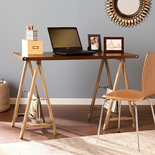 Upton Home Drexel Sawhorse Desk, Oak brown, bronze finish, OS8037OH