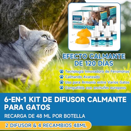 6 in 1 Pheromone Soothing Diffuser for Cats, Compatible with Common Diffusers, Pheromone Diffuser Cats 120 Days for Stress, Relaxation and Anxiety, for Cats and Kittens (2 Diffuser + 4 Refills)