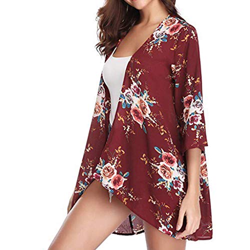 Farmerl Women Beach Shawl Leaves Print Chiffon Kimono Blouse Loose Top Outwear Red