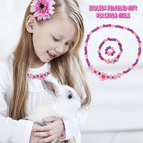 SMITCO Kids Costume Jewelry Set for Little Girls and Toddlers - Wooden, Beaded Toy Necklace, Bracelet and Ring for Play Pretend or Dress Up - Non-Toxic and Safe for Children Ages 3 to 8