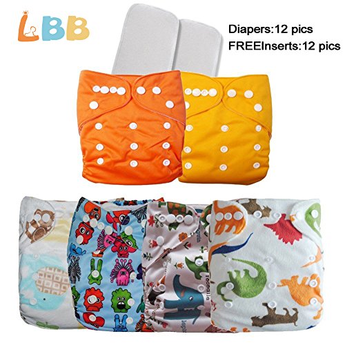 LBB Baby Cloth Diapers Reusable Washable Pocket Diapers With Adjustable Snaps,12 pcs+ 12 inserts,Monster Printed