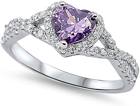 Sterling Silver .925 Women's Round Cubic Zirconia CZ Infinity Heart Halo Purple Amethyst Promise Ring Band Sz 4-10 (7)