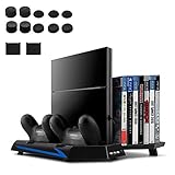 [Versión Mejorada] Younik Base Vertical para PS4 con ventiladores, estación de carga para dos controles, estante de almacenamiento para 14 juegos y un centro de conexión de 3 puestos USB. Esta base cumplirá con todas las necesidades de cualquier videojugador!