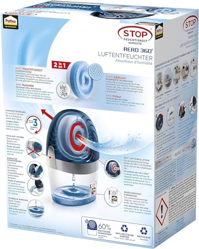 Pattex AERO 360º Luftentfeuchter, ultra-absorbierender Raumentfeuchter, hilft Kondenswasser, Schimmel- und Modergeruch zu vermeiden, nachfüllbarer Raumluftentfeuchter, 1 Gerät inkl. 1 Nachfülltab 450g 2