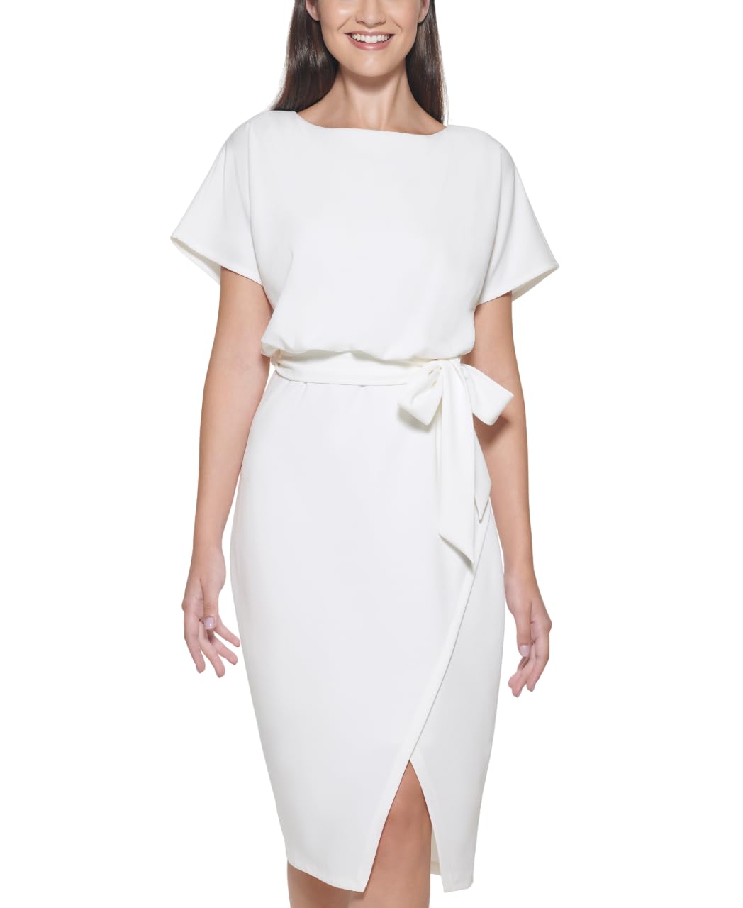 Kensie Women’s Short Sleeve Tie Waist Midi Dress, Ivory, 10