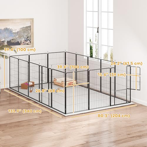PawHut 16 Panels Dog Playpen, 27" W x 39.5" H Portable Heavy Duty Pet Fence with Door & Strap for Indoor Outdoor Backyard Garden, Foldable Puppy Pet Pen for Large Dogs