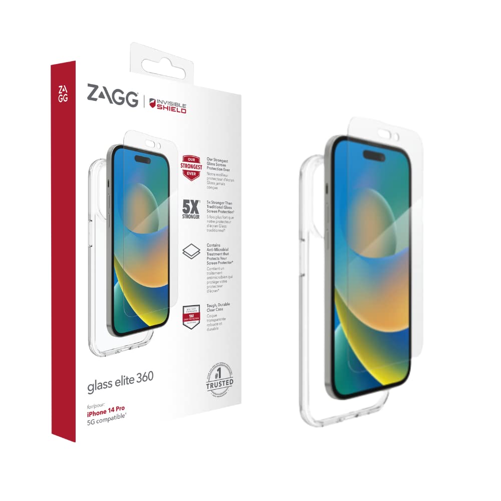 ZAGG InvisibleShield Glass Elite 360 Screen Protector & Clear Case Bundle Compatible for iPhone 14 Pro, Shockproof, Scratch Resistant, Glass-Like, Anti-Microbial, (Clear)