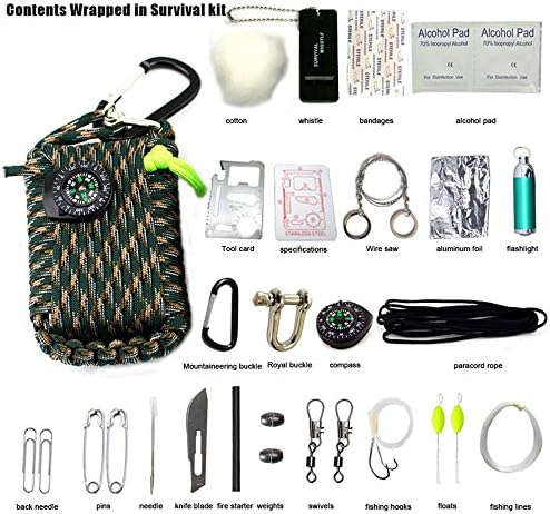 TOPAIS Paracord Grenade Emergency Survival Kit &amp; 30 in 1 Multifunction Survival Tools Set Fishing Skill &amp; Mini First Aid Kit &amp; Whistle Fire Starter set Survival Knife Baits Compass &amp; more (Camo)