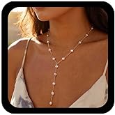 Allereyae Vintage Pearl Y Lariat Necklace Gold Pearls Y Necklace Long Pearl Drop Necklaces Round Bead Choker Bridal Pearls Necklaces Jewelry for Women