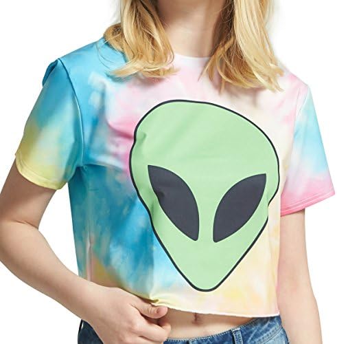 SZTOPFOCUS Crop Tops for Women, 2018 Sexy Short Sleeve Tshirt Casual Tie Dye Print Half Tee Rave EDM Festival Dance Party(Alien,XL）
