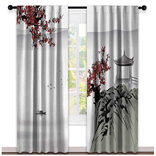 Asian Curtains Panels Asian River Scenery With Cherry Blossoms