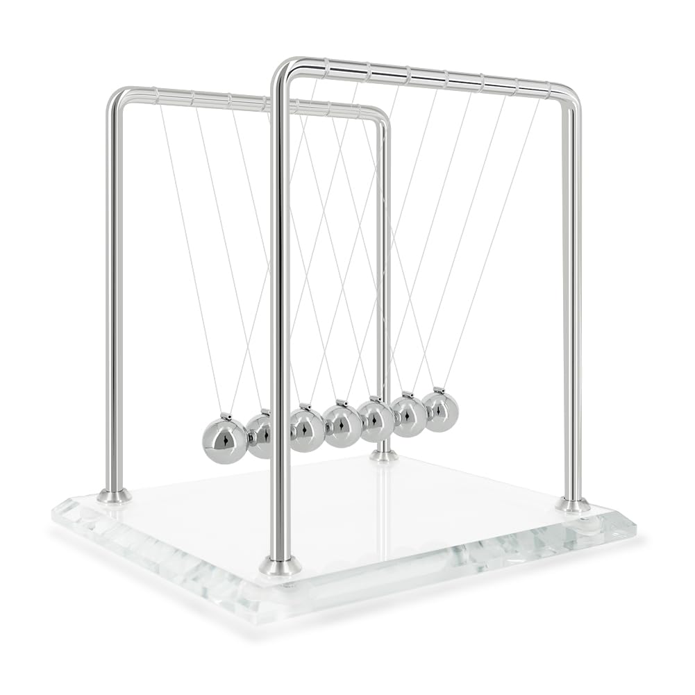 Photo 1 of ***(DAMAGED-MISSING STRINGS)*** 
Newtons Cradle Pendulum with 7 Balls, Balance Ball 60+ Sec Swingtime Glass Base Science Physics Gadget for Home and Office
