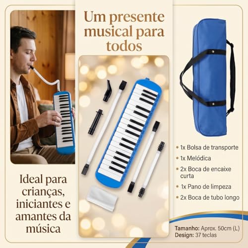 VEDO Escaleta 37 Teclas Infantil, com Bocal Duplo e Bolsa, Teclado De Piano de Ar, Instrumento Musical, Instrumentos Musicais de Brinquedo, Adequado Para Crianças e Adultos, Presente Perfeito, Azul