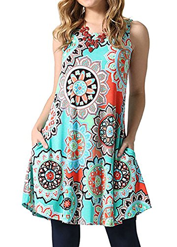 Womens Crew Neck Printed Sleeveless Casual Tunic Tops Summer Swing Tee Shirt Dress with Pockets (Green, M) - Thumbnail 3