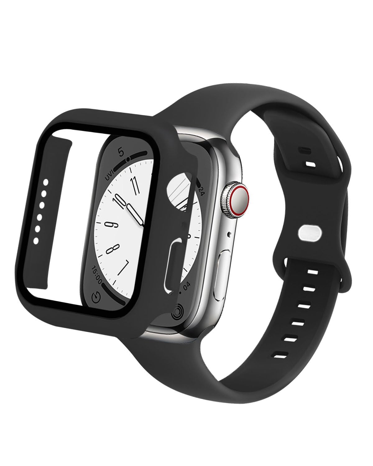 Slim Watch Band and Case Compatible with Apple Watch Bands 40mm 41mm 44mm 45mm, Soft Silicone Sport Strap with Screen Protector Combo Set iWatch Series 9 8 SE 7 6 5 4 for Women Men (Black, 38mm)