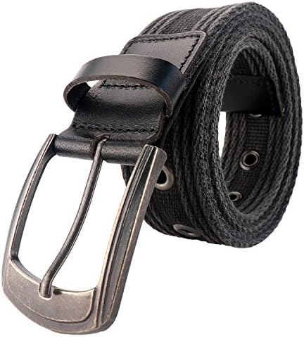 Men's Military Water-Washed Canvas Waist Web Belt Leather Tipped End and Silver Metal Buckle (Small(30-34), Black)