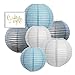 Andaz Press Hanging Paper Lantern Party Decor Trio Kit with Free Party Sign, White, Baby Blue, Gray, 6-Pack, for Elephant Boy Baby Shower Baptism Decorations