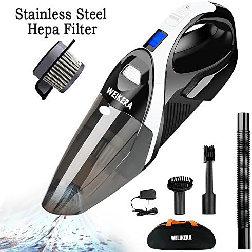 Handheld Vacuum, WELIKERA 12V 100W Hand held Cordless Vacuum Cleaner, Portable Pet Hair Vacuum, Cordless Rechargeable Hand Vacuum with Stainless Steel Filter, with A Carrying Bag, Black