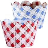 Red Checkered Cupcake Wrapper Decorations, 36 Vintage Baby Blue Gingham Cup Cake Liner, Picnic Check Treat Holder Wrap, Country Western Cowboy Theme, Farm Birthday Party Supplies, Confetti Couture