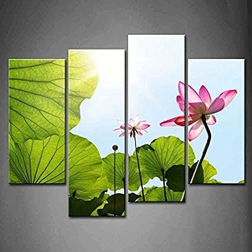 TMD Shop 4 Panel Wall Art Lotus Against Blue Sky Bright Sunshine Painting The Picture Print On Canvas Flower Pictures For Home Decor Decoration Gift piece