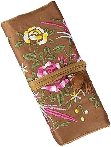 Jewelry Roll,Travel Jewelry Roll Bag,Silk Embroidery Brocade Jewelry Organizer Case with Tie Close,Brown