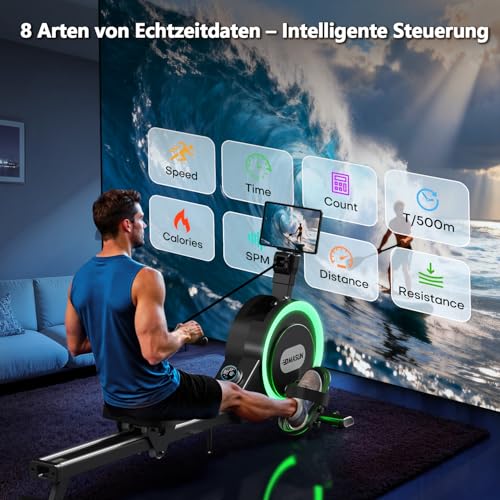 Rudergerät für Zuhause, DMASUN Magnetisches Rudergerät mit Upgrade Doppel-Slide-Rails, APP-Verbindung, 16 Widerstandsstufen, LCD-Datenanzeige, ideal für Cardio-Training