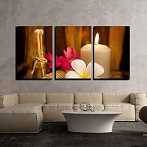 3 Piece Canvas Wall Art - Spa Still Life with Aromatic Candles and Frangipani - Modern Home Art Stretched and Framed Ready to Hang - 16"x24"x3 Panels