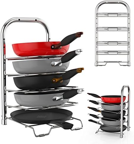 Premium Quality Height Adjustable Pan Pot Organizer Rack by ULFR 5 Tier Chrome Finish Steel Kitchen Cookware Holder Counter Storage Wall Mountable
