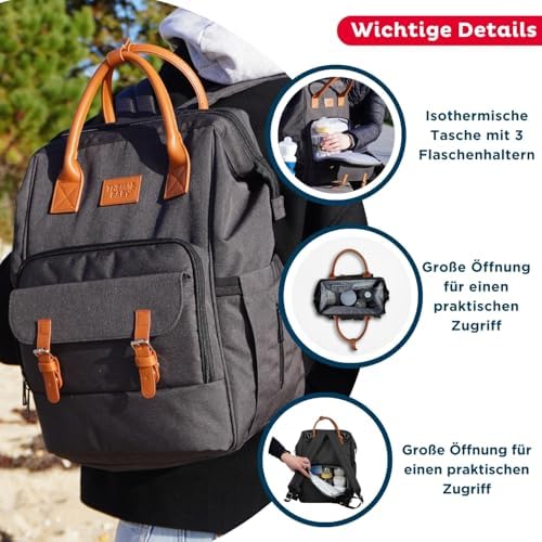- ESCAPADE-Wickeltasche - Baby-Wickelrucksack - Tasche mit Wickelauflage für Babys Jungen und Mädchen - Bequem - Praktisch für Unternehmungen mit dem Baby - Dunkelgrau