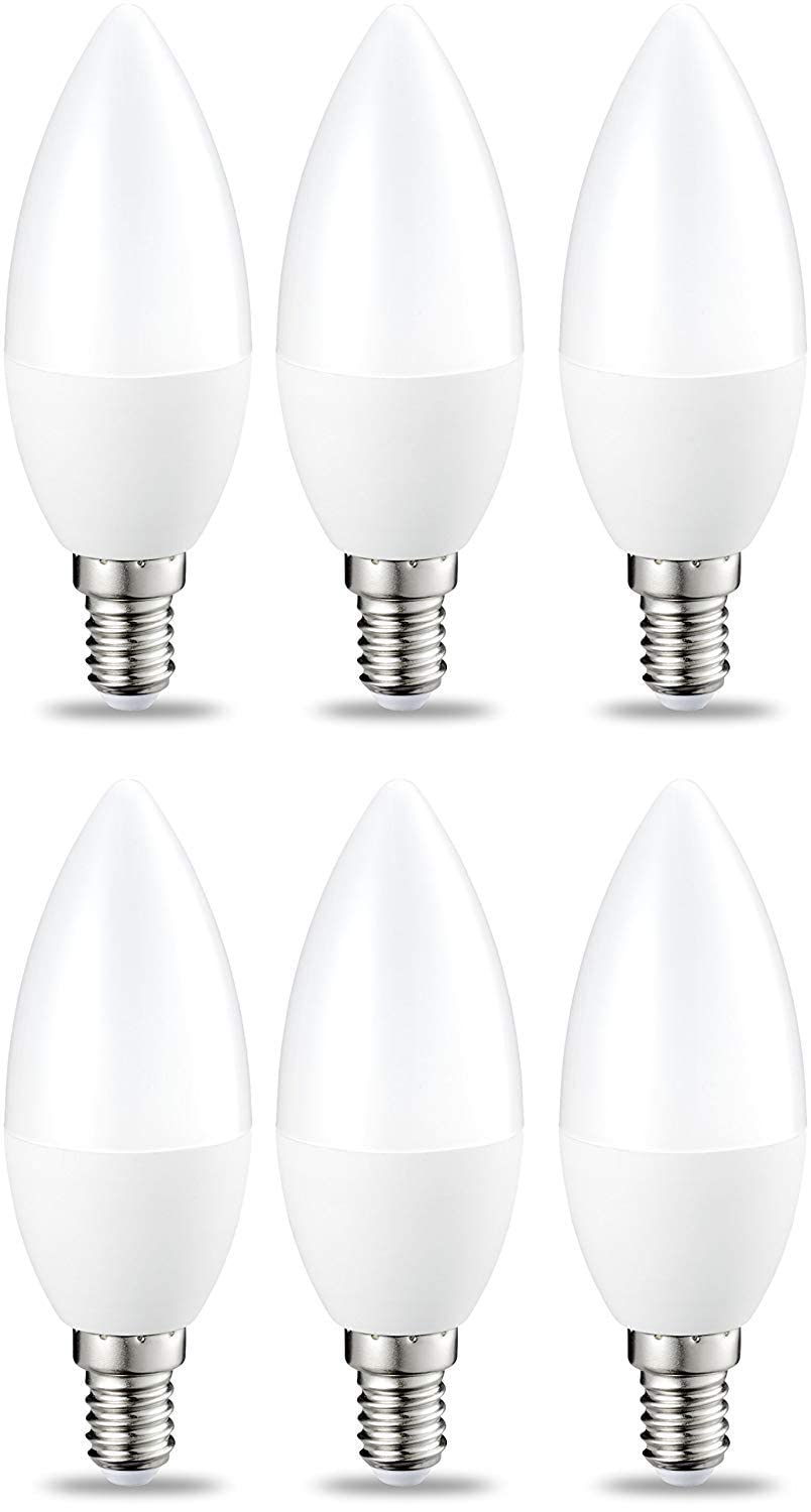 Amazon Basics LED E14 Small Edison Screw Candle Bulb, 5W (Equivalent to 40W), Warm White, Dimmable- Pack of 6