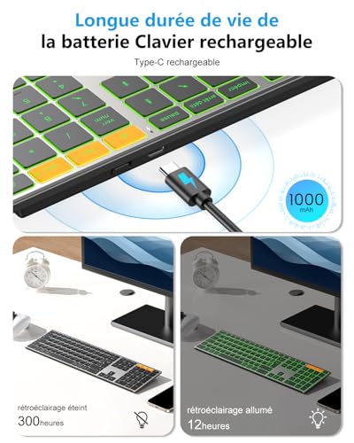 OMOTON Wireless Metal Keyboard, Bluetooth 2.4G Backlit Keyboard, Rechargeable with 2 Channels French AZERTY Scissor Keyboard Ergonomic Quiet for PC/Mac/Windows (Black)