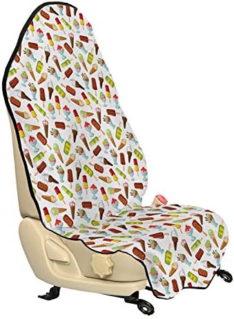 Ambesonne Ice Cream Car Seat Hoody, Frozen Desserts in Wafer Cone Glazed Eskimo with Whipped Cream Chocolate Sundae, Car and Truck Seat Cover Protector with Nonslip Backing Universal Fit, Multicolor