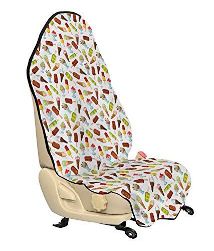 Ambesonne Ice Cream Car Seat Hoody, Frozen Desserts in Wafer Cone Glazed Eskimo with Whipped Cream Chocolate Sundae, Car and Truck Seat Cover Protector with Nonslip Backing Universal Fit, Multicolor