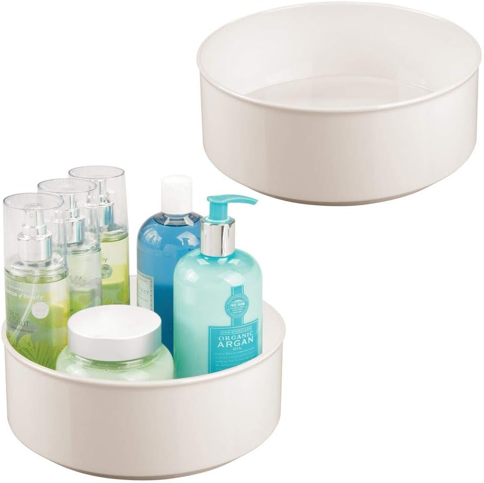 mDesign Spinning Lazy Susan Round Turntable Storage Tray - Rotating Organizer for Makeup, Cosmetics, Nail Polish, Vitamins, Shaving Kit, Hair Spray, Medical Supplies, First Aid - 2 Pack - Cream/Beige