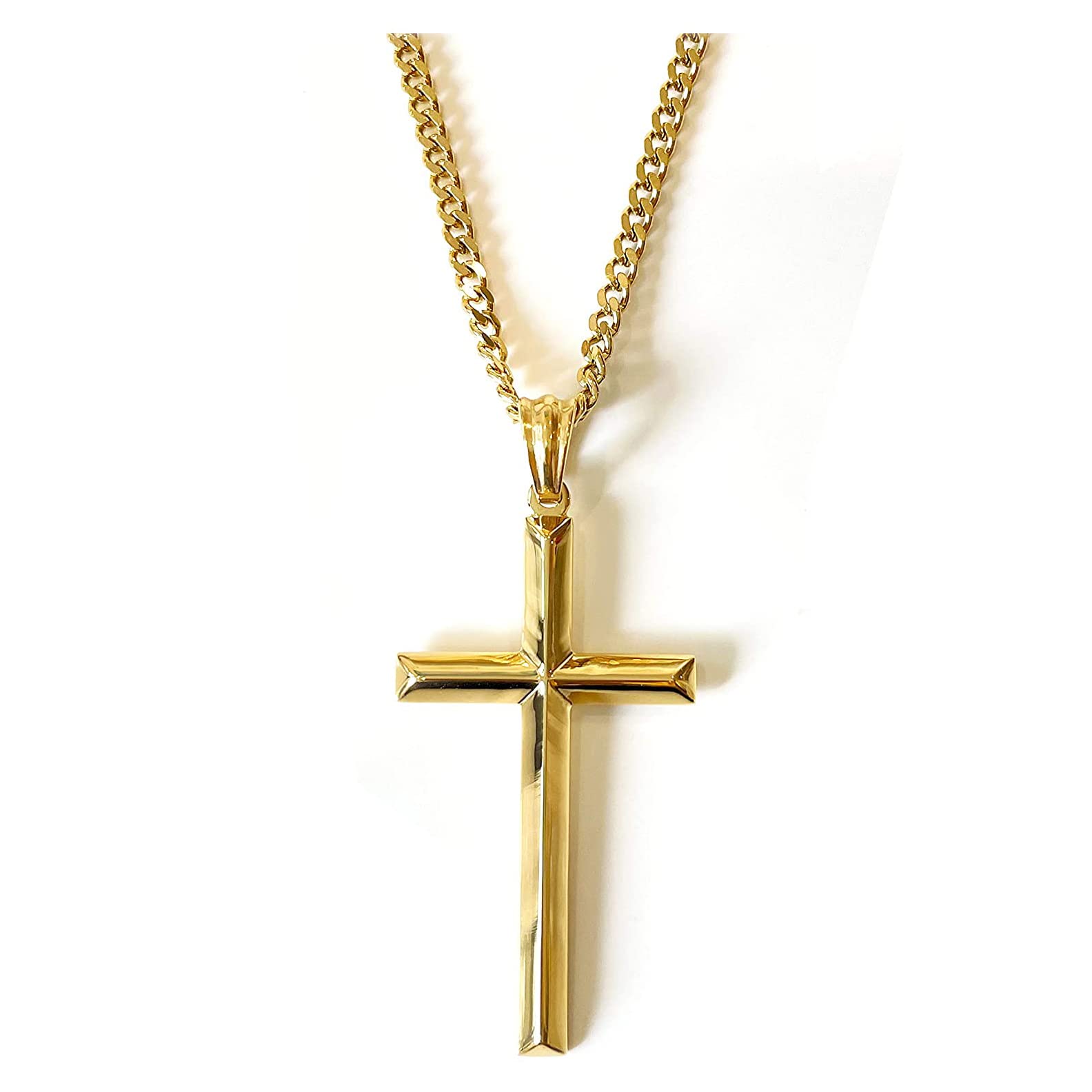 Lifetime Bling 14K Gold Chain Cross Pendant Necklace for Men, Women 14ct w/real strong Solid Clasp Miami Cuban Link style Beveled Edges (20)