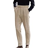 Men's High Waisted Tweed Dress Pants Pleated Front Vintage Wool Trousers