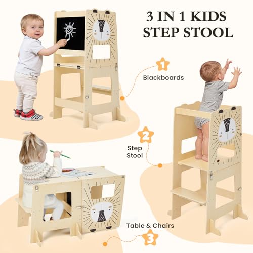 labebe Montessori Tower Kids (98cm Height), Large Size Wooden Folding Montessori Tower, 3 in 1 Kids Desk and Chair Set Transformable with Chalkboard