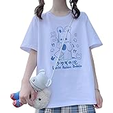ZLMuMulin Japanese Harajuku Kawaii Goth Casual Style Loose Crewneck Cute Cartoon Little Rabbit Bubble Print T-Shirt