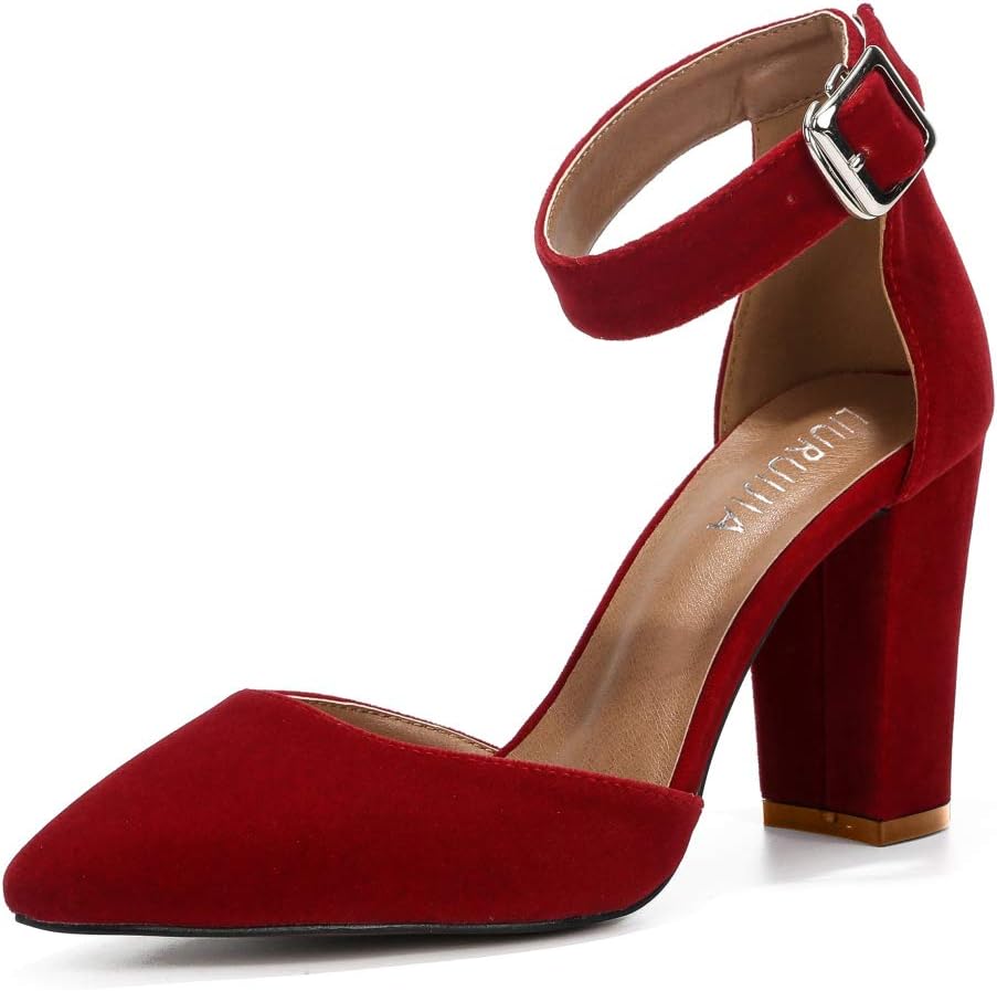 Women's Ankle Strap, Pointed Toe,Chunky, High Heels, Dress Wedding Pump Shoes