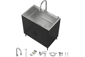 HMOROVEX Height 78Cm Black Laundry Sink Cabinet Commercial Utility Sinks 304 Stainless Steel Utility Sink with Cabinet,with P