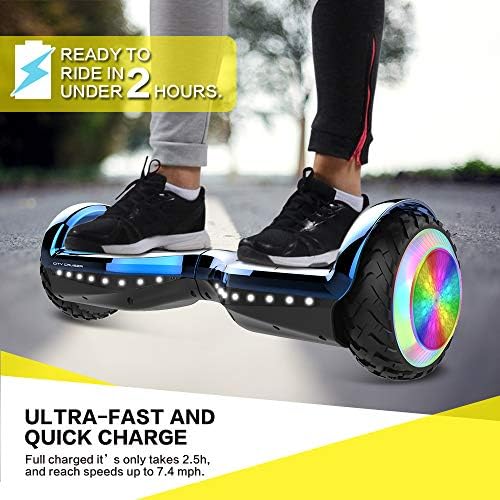Blue LED hoverboard with built-in Bluetooth speaker, battery indicator, and sleek design.