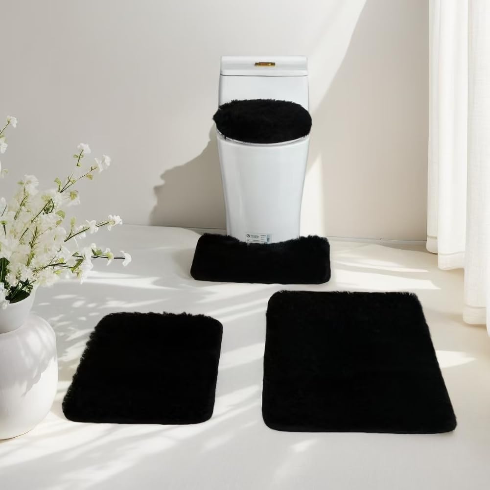 Photo 1 of Bathroom Rug Set 4 Piece, Soft Absorbent Microfiber Bath Rug Set, Non-Slip, Machine Wash Dry, Plush Bath Mats for Bathroom Floor, Tub, Shower and Home Decor Accessories (Black)