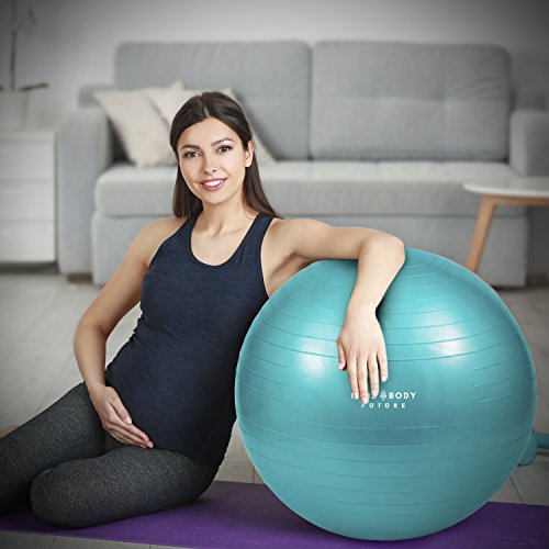 [- Mind Body Future 65cm Exercise Ball Chair with Stability Ring, eGuide and Pump - Turquoise Colou