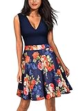Miusol Women's Casual Flare Floral Contrast Evening Party Mini Dress, Navy Blue, Small